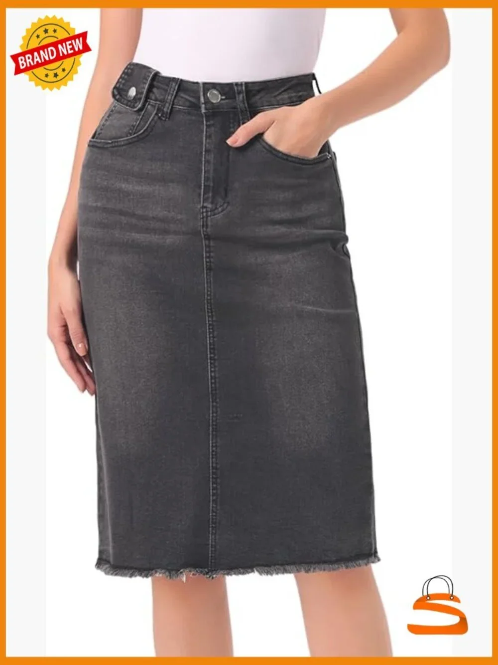 High Waist Denim Midi Skirt Back Slit Raw Hem Stretch Casual